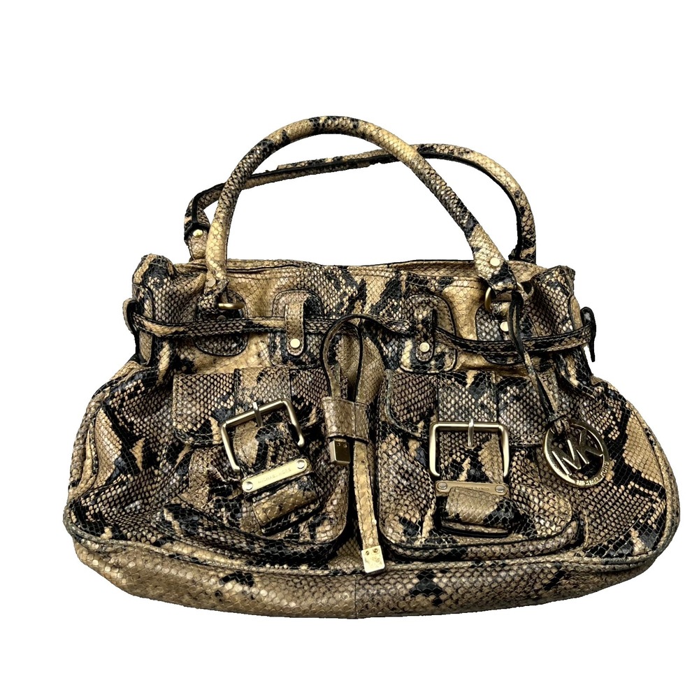 Michael Kors Womens Satchel Bag Brown Tan Python Skin Double Handle Shoulder Bag - Picture 1 of 16